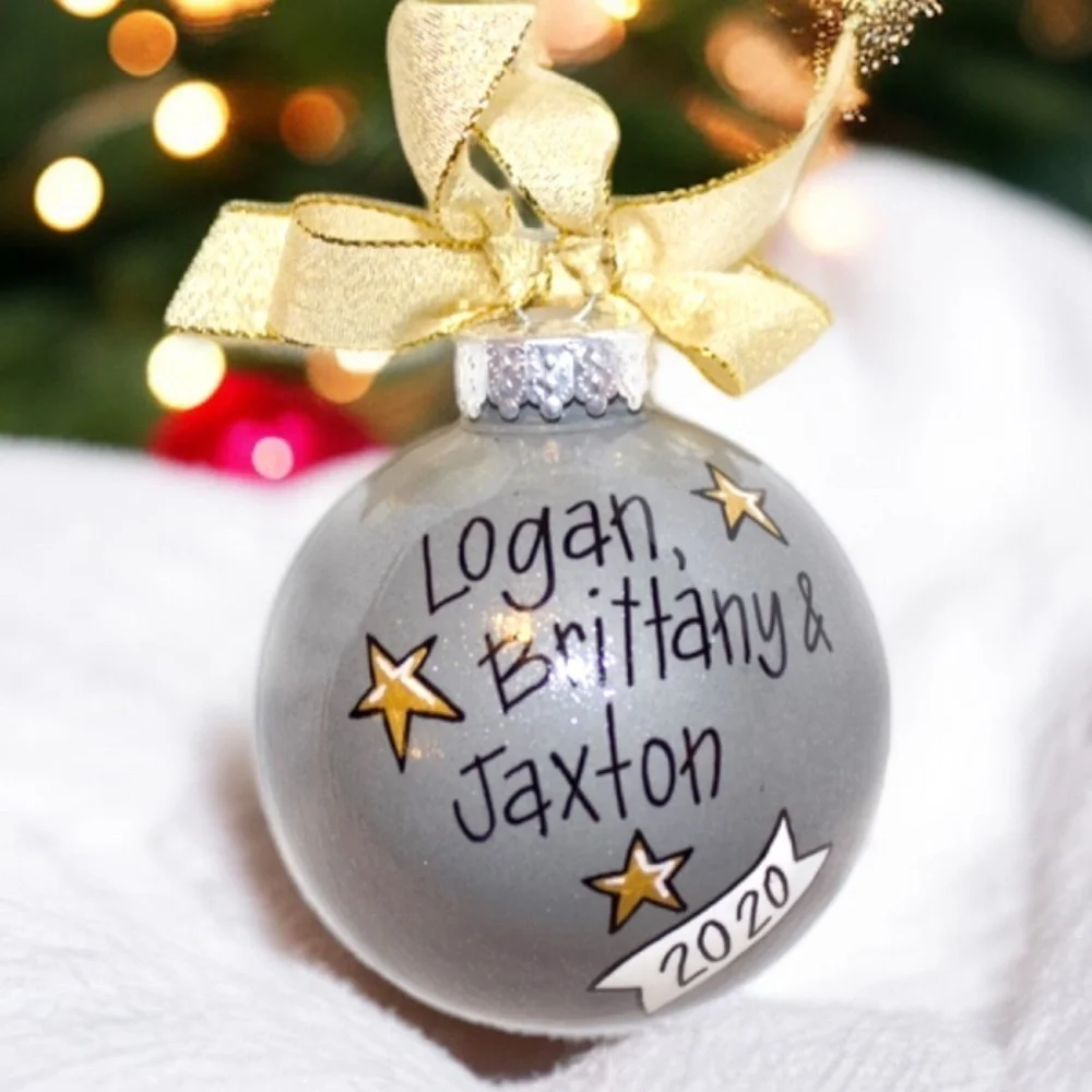 “Our First Christmas as a Family of Three” Personalized Ornament | Hand-Painted